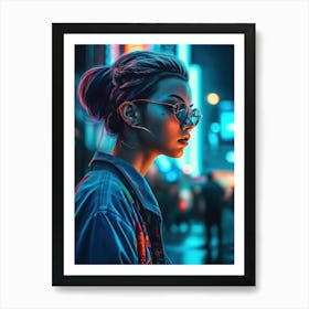 Neon Girl With Headphones 4 Art Print