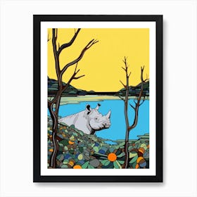 Simple Rhino Illustration By The River 2 Art Print