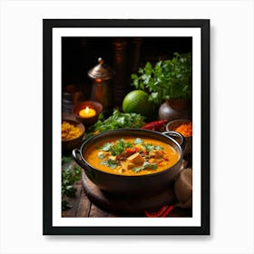 Autumn Pumpkin Curry Soup Steaming In A Rustic Ceramic Bowl Surrounded By An Array Of Vividly Spice (4) Art Print