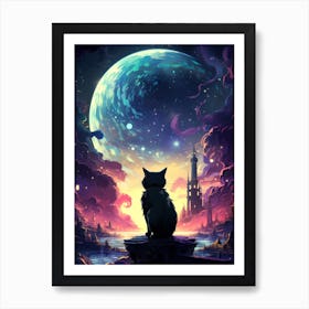 Cat Looking At The Moon Art Print