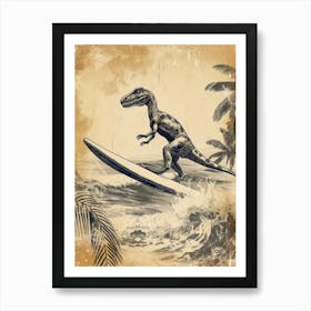 Vintage Microraptor Dinosaur On A Surf Board 1 Art Print