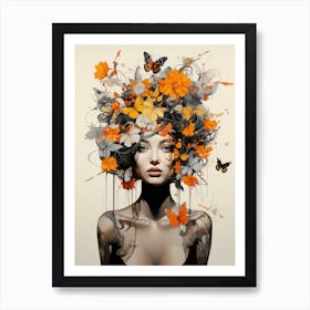 portrait illustration of woman with flowers 3 Art Print