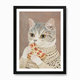 Grey And White Cat Pizza Lover Folk Illustration 4 Art Print