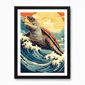 Sea Turtle Animal Drawing In The Style Of Ukiyo E 3 Art Print