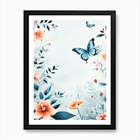 Butterfly And Flowers Wallpaper, A Butterfly Toned Design With Flowers And Leaves Trees And Birds A Beautiful And Simple Picture 1 Art Print