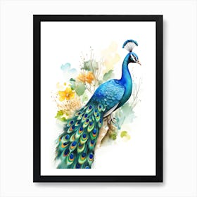 A Peacock Watercolour In Autumn Colours 2 Art Print