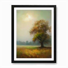 Oak tree, fine work of art, misty atmosphere, green meadow..2 Art Print