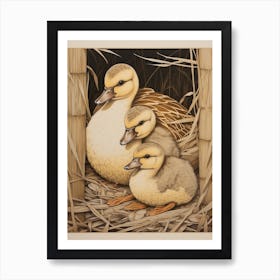 Ducklings Japanese Woodblock Style 6 Art Print