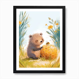 Sloth Bear Cub Playing With A Beehive Storybook Illustration 4 Art Print