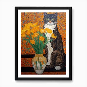 Gladoli With A Cat 3 Art Nouveau Klimt Style Art Print