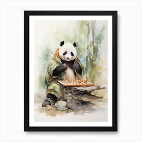 Panda Art Playing Chess Watercolour 4 Art Print