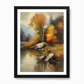 Autumn Lake,Forest Lake, Vintage Oil Painting, Farmhouse Wall Decorations, Antique Landscape, Vintage Landscape Oil Painting.4 4 Art Print