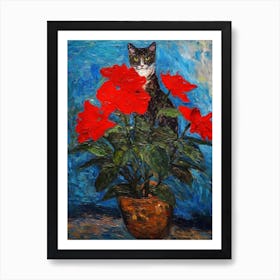 Still Life Of Poinsettia With A Cat 1 Art Print