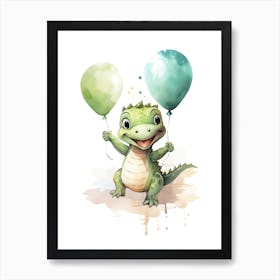 Baby Alligator Flying With Ballons, Watercolour Nursery Art 2 Art Print
