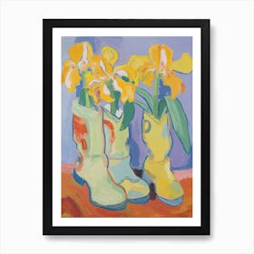 Painting Of Yellow Flowers And Cowboy Boots, Oil Style 9 Art Print