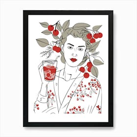 Woman Portrait With Cherries 6 Pattern Art Print