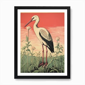 Vintage Bird Linocut Stork 3 Art Print