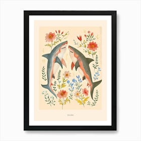 Folksy Floral Animal Drawing Shark Poster Art Print