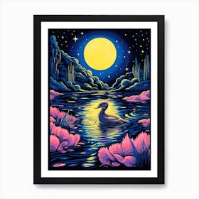 Linocut Style Duckling In The Lake Under The Moonlight 3 Art Print