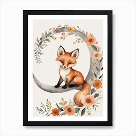 Floral Cute Fox Watercolor Moon Paining (24) Art Print