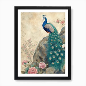Peacock On A Rock Vintage Wallpaper Art Print