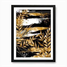 Gold Leaves On Black Background 10 Art Print