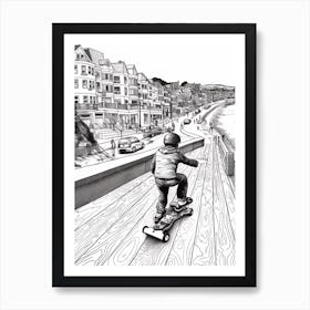 Skateboarding In Newquay, United Kingdom Line Art Black And White 3 Art Print
