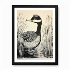 B&W Bird Linocut Grebe 3 Art Print