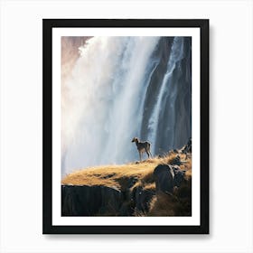 Deer In Front Of Waterfall Art Print