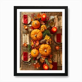 Autumn Harvest Table Centerpiece Overflowing With Gourds And Pumpkins Surrounded By Red And Gold C (4) Art Print