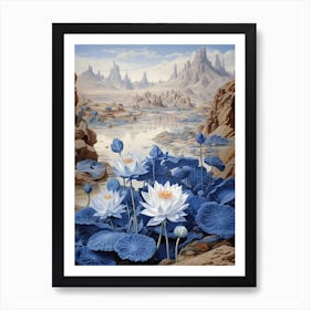 Blue Waterlily Flower Victorian Style 2 Art Print
