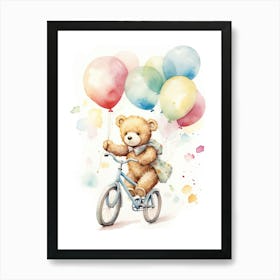 Bicycling Teddy Bear Painting Watercolour 1 Art Print