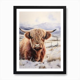 Highland Cow In The Snow Watercolour 2 Art Print