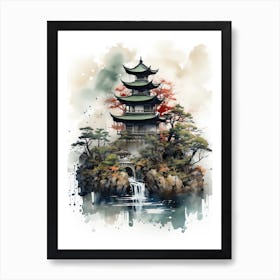 Chureito Pagoda In Yamanashi, Japanese Brush Painting, Ukiyo E, Minimal 1 Art Print
