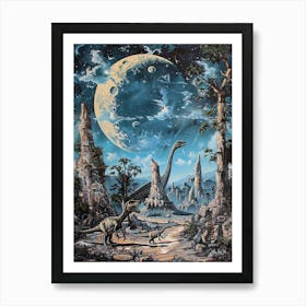 Dinosaur Under The Moon Painting 2 Art Print