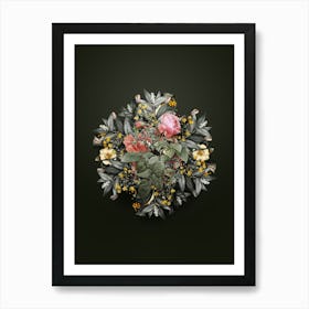 Vintage Pink Boursault Rose Flower Wreath on Olive Green n.2069 Art Print