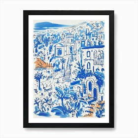 Italy, Amalfi Coast Cute Illustration In Blue 3 Art Print