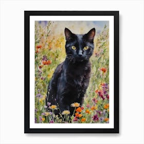 A Black Cat Amongst The Wildflowers - Summer Flowers Meadow Litha Traditional Watercolor Art Print Kitty Travels Home and Room Wall Art Cool Decor Klimt and Matisse Inspired Modern Awesome Cool Unique Pagan Witchy Witches Familiar Gift For Cats Lady Animal Lovers World Travelling Genuine Works by British Watercolour Artist Lyra O'Brien Art Print