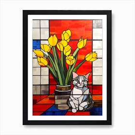 Daffodils With A Cat 4 De Stijl Style Mondrian Art Print