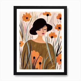 Woman With Autumnal Flowers Flax Flower 1 Art Print