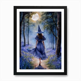 A Witch in Bluebell Woods - Watercolor witchy art by Lyra the Lavender Witch - Spring Pagan Ostara Beltane Wicca Wheel of the Year Gallery Feature Wall - Fairytale Blue Indigo Fairycore Fairy Magick Forest Fairytale Magical Full Moon Lunar Goddess HD Art Print