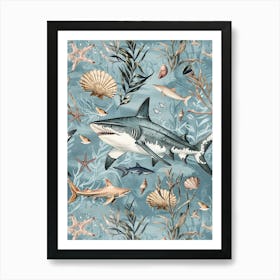 Pastel Blue Shark Watercolour Seascape Pattern 4 Art Print