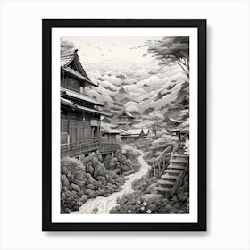 Shirakawa Go In Gifu, Ukiyo E Black And White Line Art Drawing 1 Art Print