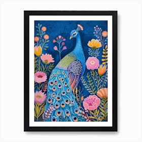 Blue Peacock Floral Portrait Art Print