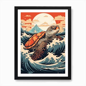 Sea Turtle Animal Drawing In The Style Of Ukiyo E 4 Art Print