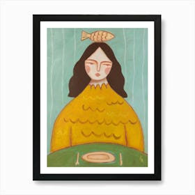 Girl and fish, Abstract woman, Fun art, Kitchen modern decor Art Print