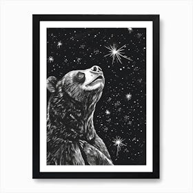 Malayan Sun Bear Looking At A Starry Sky Ink Illustration 5 Art Print