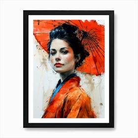 Asian Woman With Umbrella painting Art Print