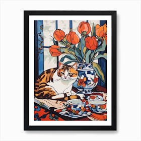 Drawing Of A Still Life Of Tulips With A Cat 3 Art Print