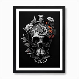 Skull With Floral Patterns 3 Orange Stream Punk Art Print